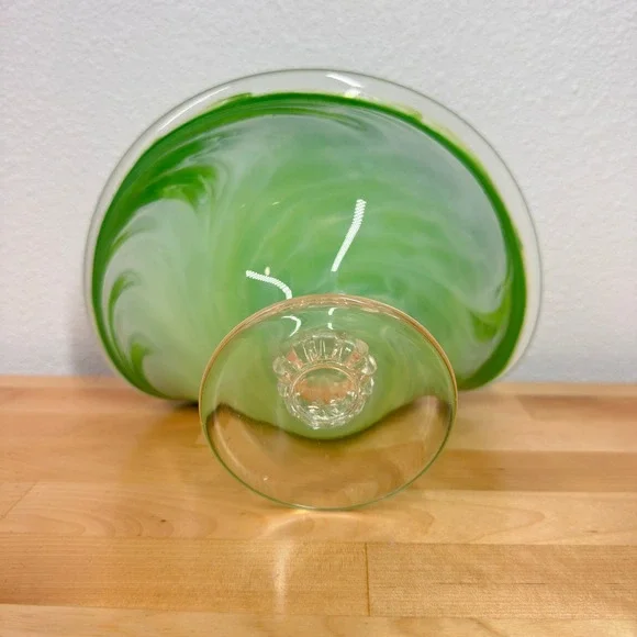 Murano Glass Pedestal Bowl Green Swirl Italian Art Glass Candy Dish